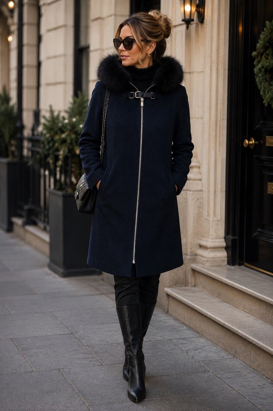 Maje Navy Blue Faux Fur Hood Buckle Parka-Style Coat Size 38 / US Medium Size 6